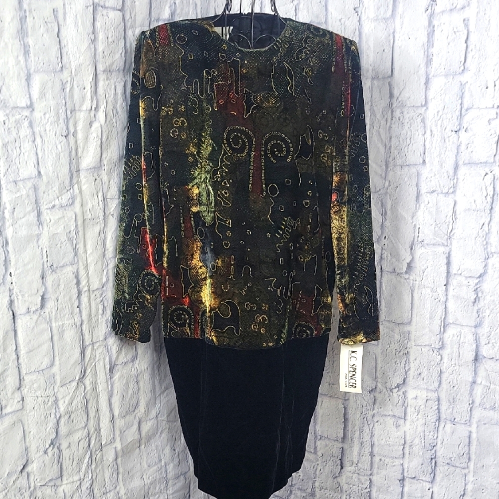 VINTAGE K.C. SPENCER NEW YORK Velvet Geometric Abstract 80's‎ Dress Sz. 6 NWT